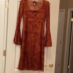 Burnt Orange paisley long sleeve dress.  Include orange slip.  2 n 1 dress